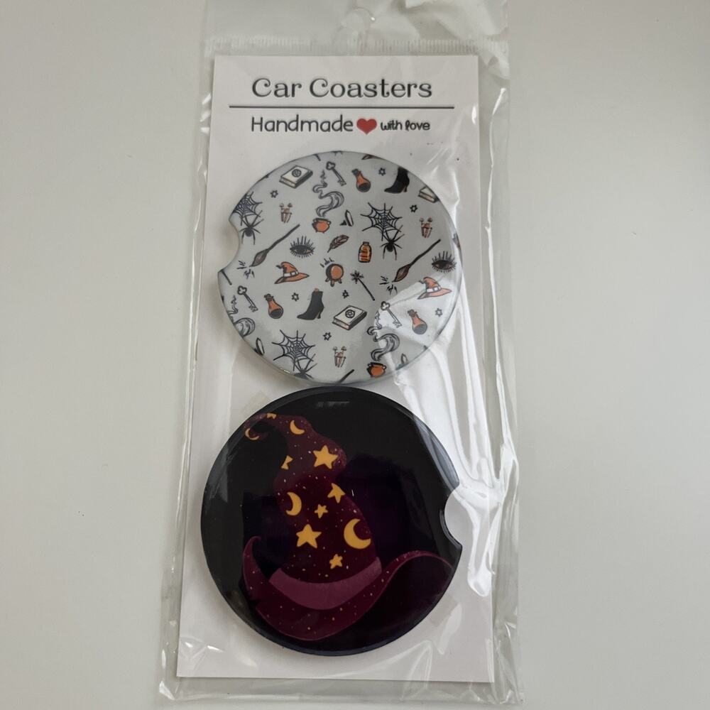 Custom Heat Printed Car Coasters Halloween Fall Designs Set Of 2